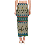 Xmas Penguin Pattern Print Side Slit Maxi Skirt