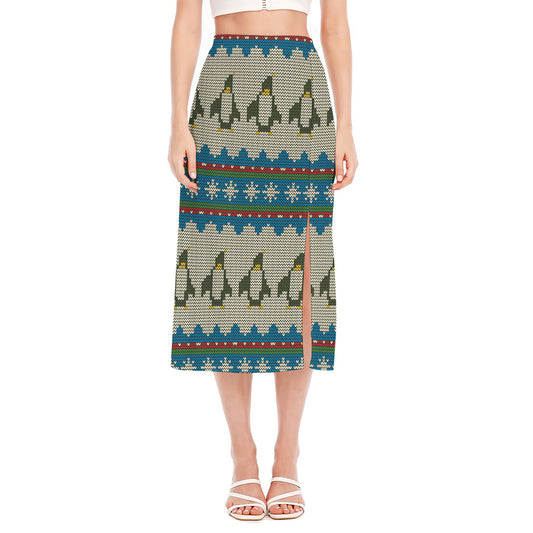 Xmas Penguin Pattern Print Side Slit Midi Skirt