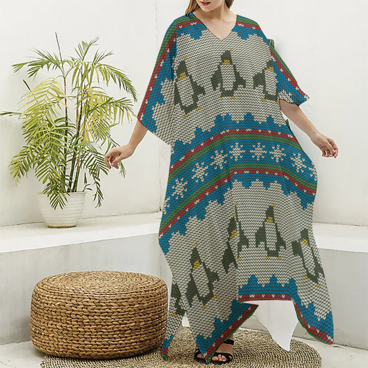 Xmas Penguin Pattern Print Silk V-Neck Kaftan Dress