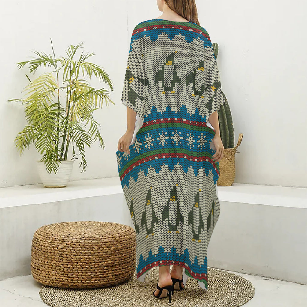 Xmas Penguin Pattern Print Silk V-Neck Kaftan Dress