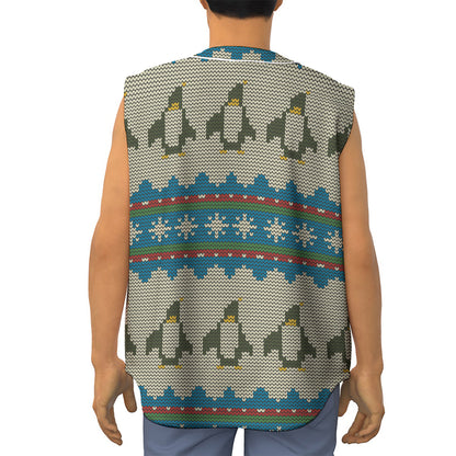 Xmas Penguin Pattern Print Sleeveless Baseball Jersey