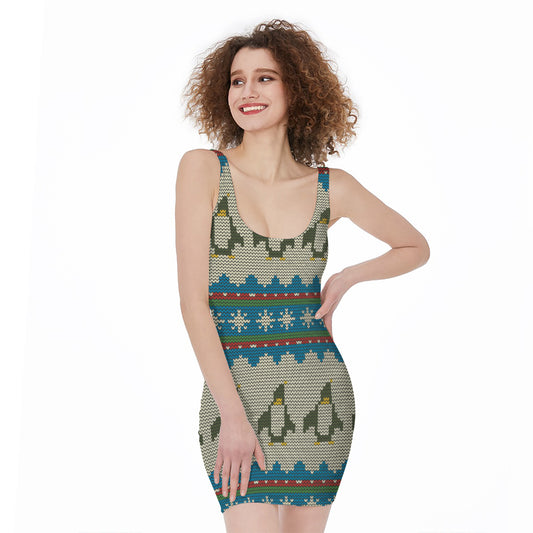 Xmas Penguin Pattern Print Sleeveless Bodycon Dress