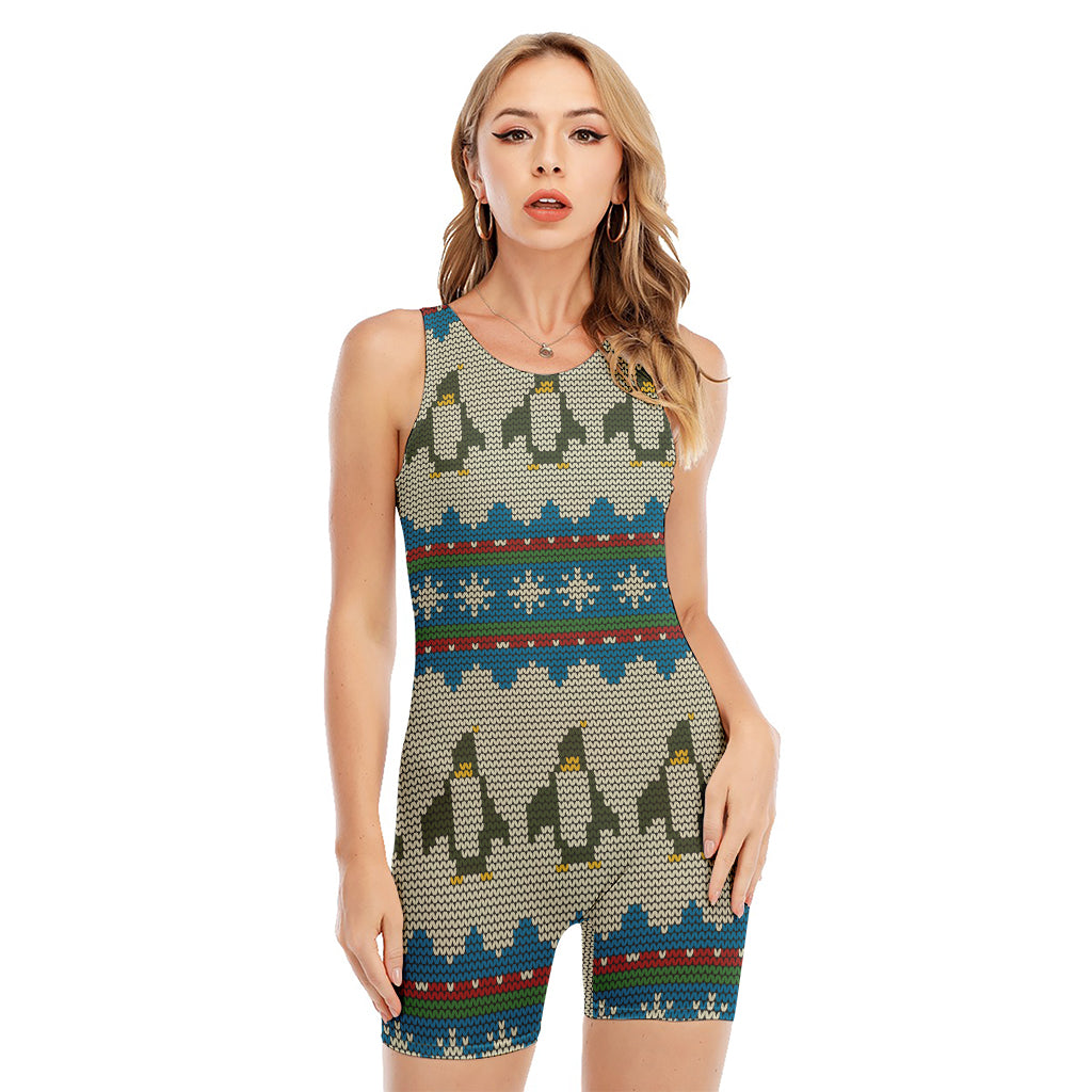 Xmas Penguin Pattern Print Sleeveless One Piece Swimsuit