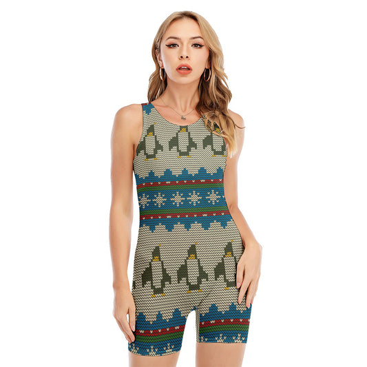 Xmas Penguin Pattern Print Sleeveless One Piece Swimsuit