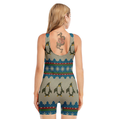Xmas Penguin Pattern Print Sleeveless One Piece Swimsuit