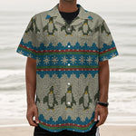 Xmas Penguin Pattern Print Textured Short Sleeve Shirt