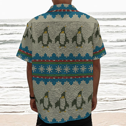 Xmas Penguin Pattern Print Textured Short Sleeve Shirt