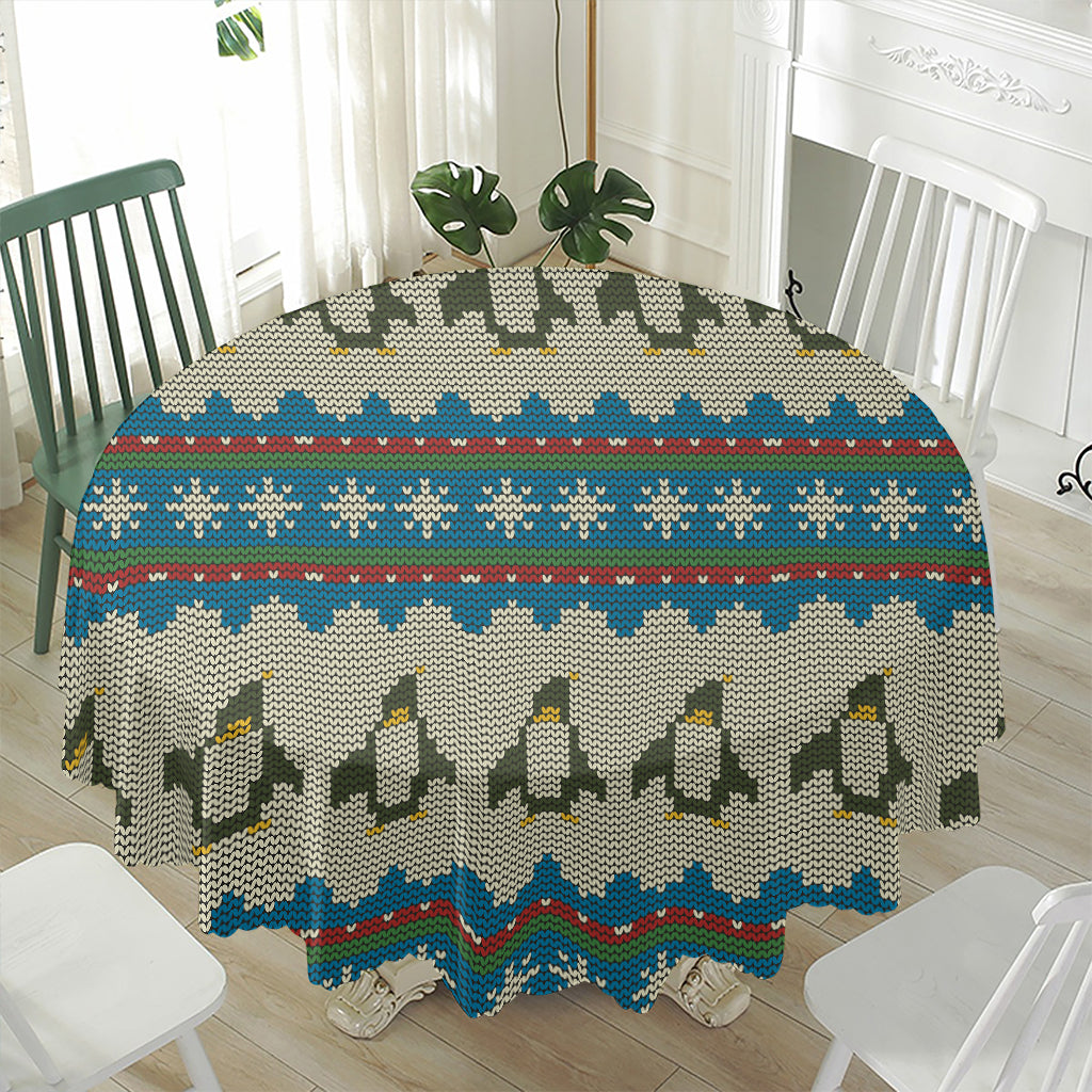 Xmas Penguin Pattern Print Waterproof Round Tablecloth