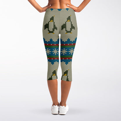 Xmas Penguin Pattern Print Women's Capri Leggings