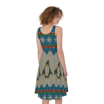 Xmas Penguin Pattern Print Women's Sleeveless Dress