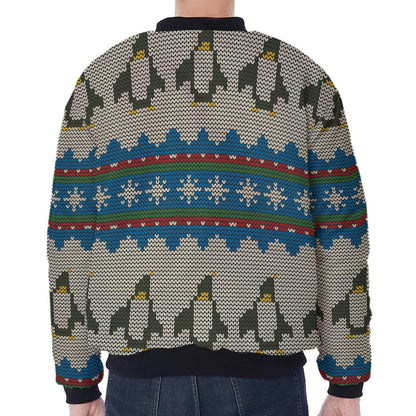 Xmas Penguin Pattern Print Zip Sleeve Bomber Jacket