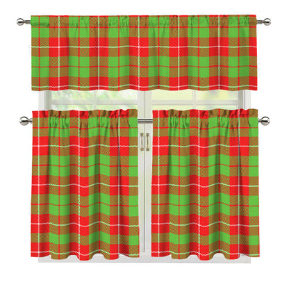 Xmas Plaid Pattern Print 3 Piece Kitchen Curtains