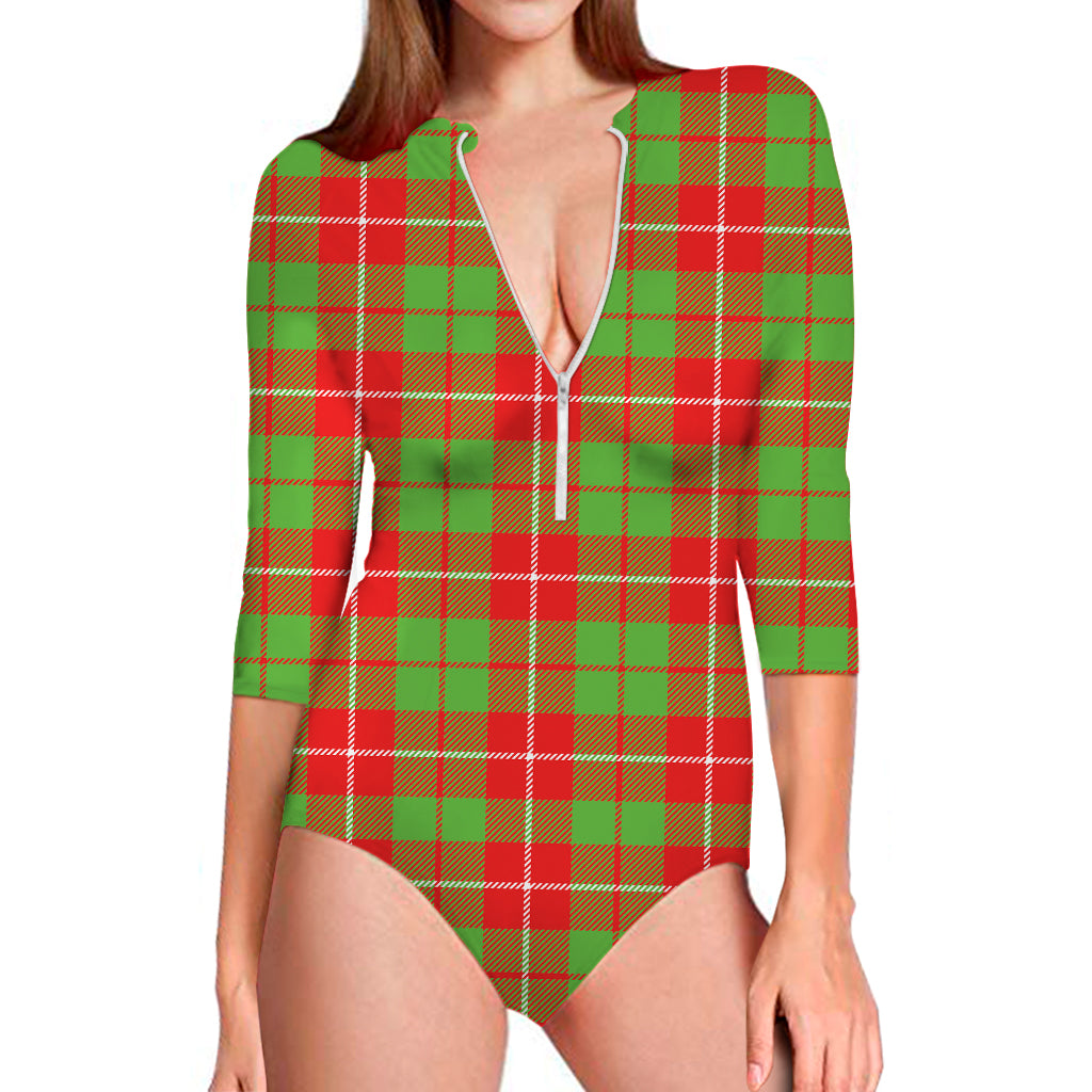 Xmas Plaid Pattern Print Long Sleeve Swimsuit