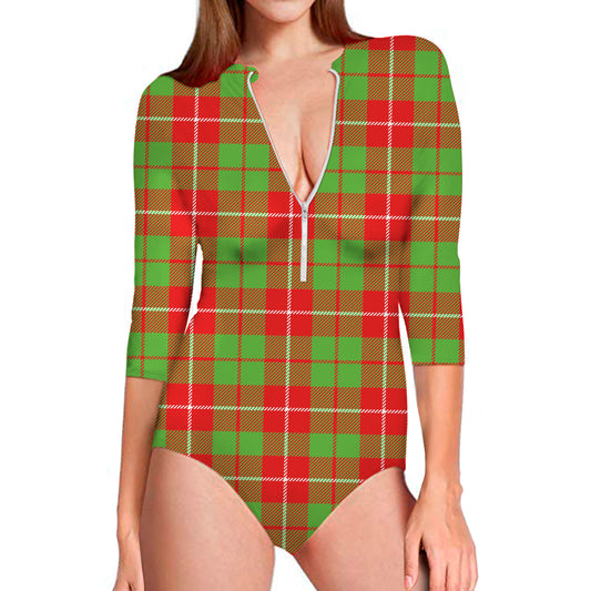 Xmas Plaid Pattern Print Long Sleeve Swimsuit