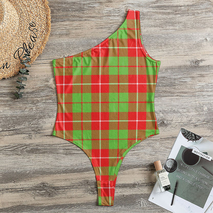 Xmas Plaid Pattern Print One Shoulder Bodysuit