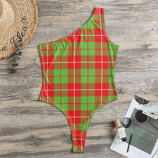 Xmas Plaid Pattern Print One Shoulder Bodysuit