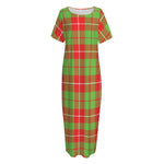 Xmas Plaid Pattern Print Short Sleeve Long Nightdress