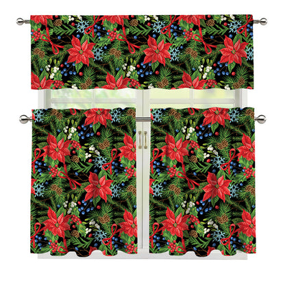 Xmas Poinsettia Pattern Print 3 Piece Kitchen Curtains