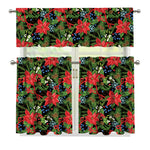 Xmas Poinsettia Pattern Print 3 Piece Kitchen Curtains