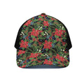 Xmas Poinsettia Pattern Print Black Mesh Trucker Hat