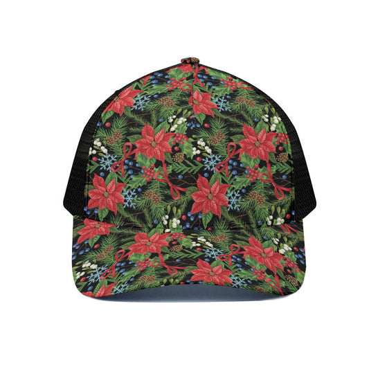 Xmas Poinsettia Pattern Print Black Mesh Trucker Cap