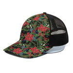 Xmas Poinsettia Pattern Print Black Mesh Trucker Cap