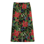 Xmas Poinsettia Pattern Print Cotton Front Slit Maxi Skirt