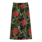 Xmas Poinsettia Pattern Print Cotton Front Slit Maxi Skirt