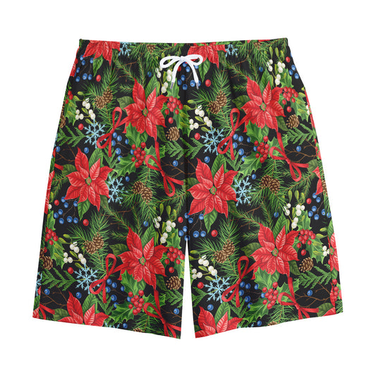 Xmas Poinsettia Pattern Print Cotton Shorts