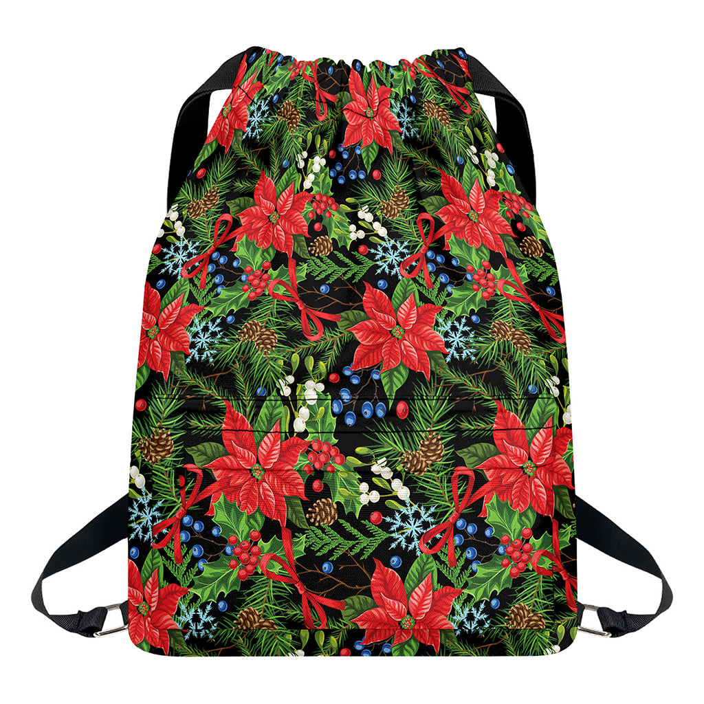 Xmas Poinsettia Pattern Print Drawstring Backpack