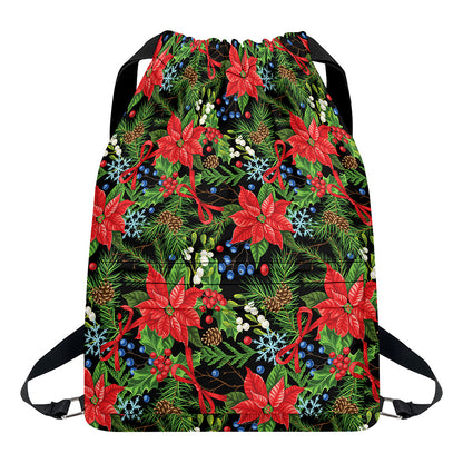 Xmas Poinsettia Pattern Print Drawstring Backpack