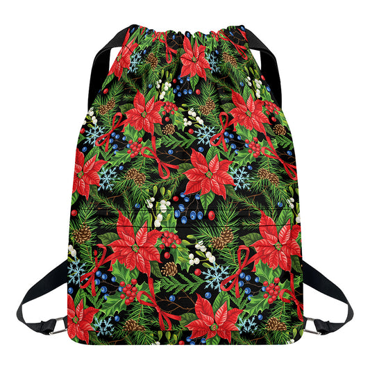Xmas Poinsettia Pattern Print Drawstring Backpack