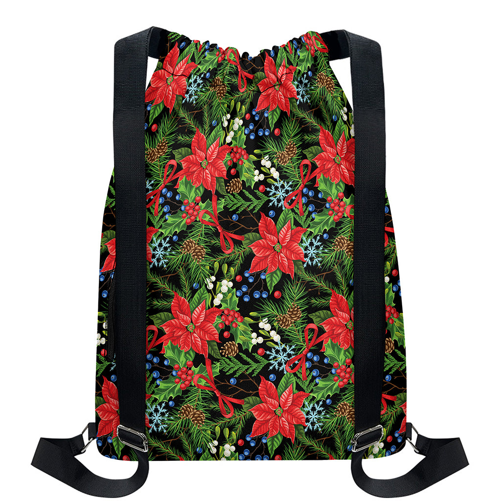 Xmas Poinsettia Pattern Print Drawstring Backpack