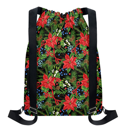 Xmas Poinsettia Pattern Print Drawstring Backpack