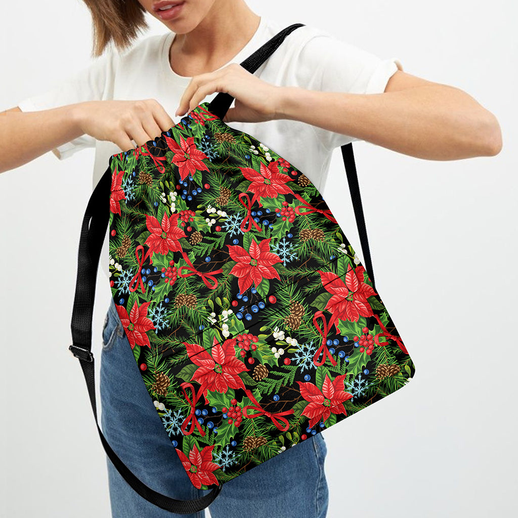 Xmas Poinsettia Pattern Print Drawstring Backpack