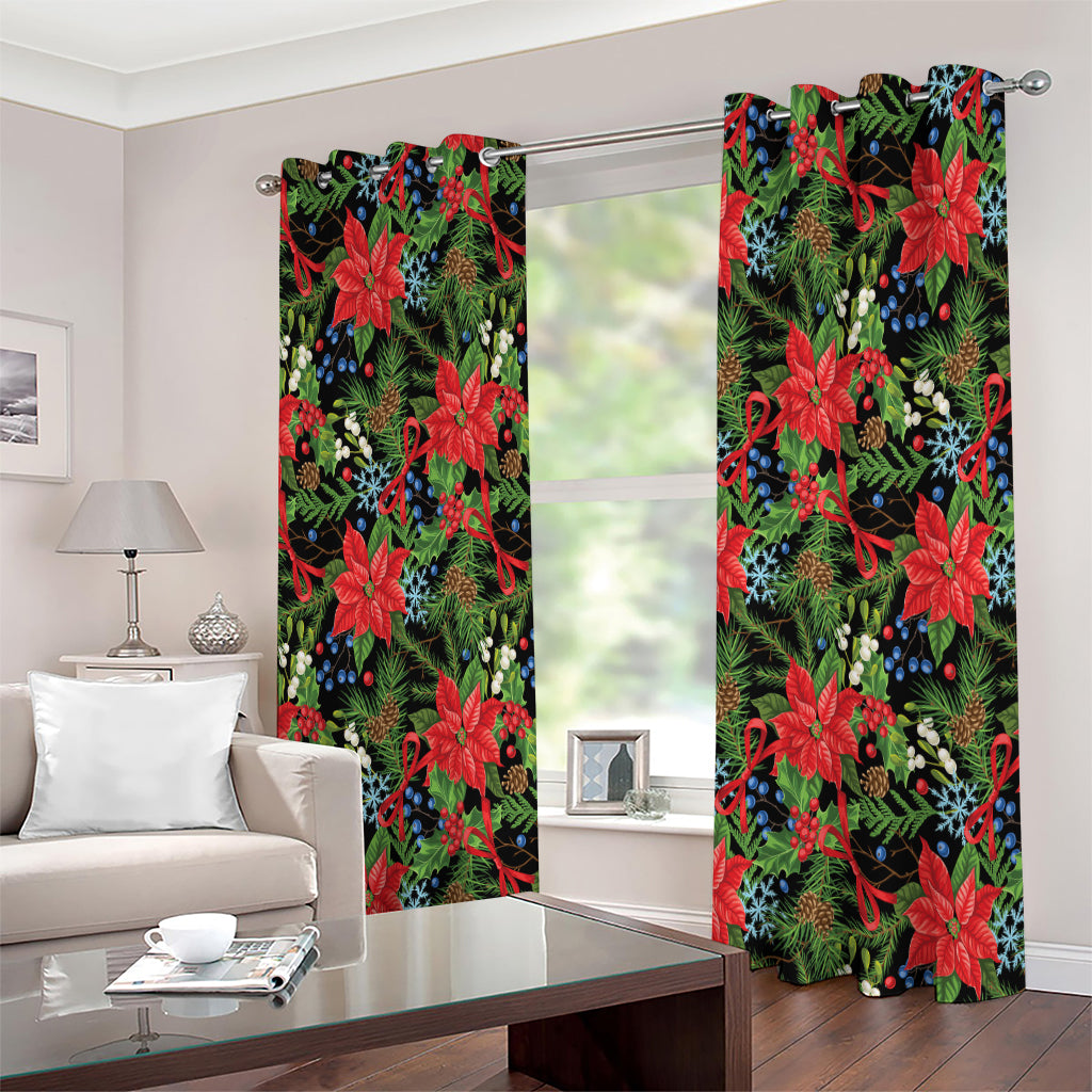 Xmas Poinsettia Pattern Print Extra Wide Grommet Curtains