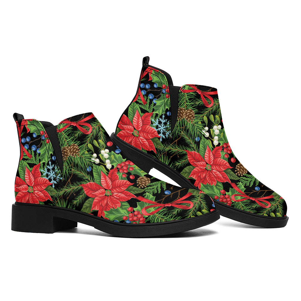 Xmas Poinsettia Pattern Print Flat Ankle Boots