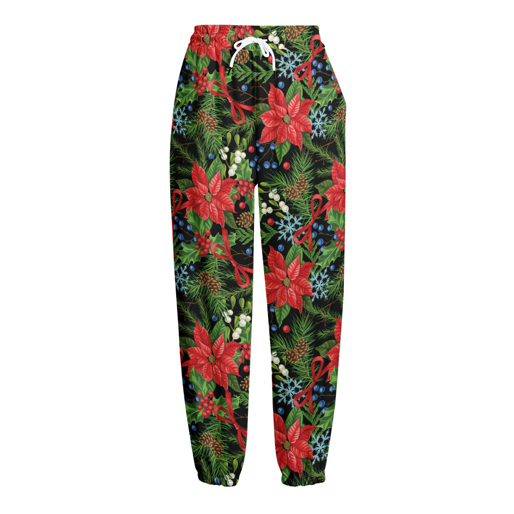 Xmas Poinsettia Pattern Print Fleece Lined Knit Pants