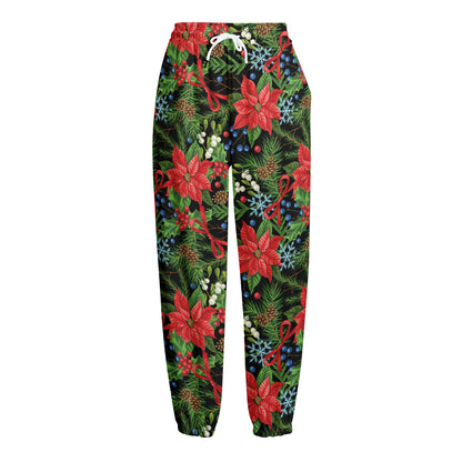 Xmas Poinsettia Pattern Print Fleece Lined Knit Pants