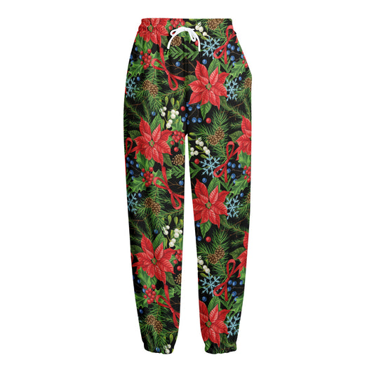 Xmas Poinsettia Pattern Print Fleece Lined Knit Pants