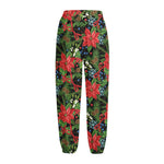 Xmas Poinsettia Pattern Print Fleece Lined Knit Pants
