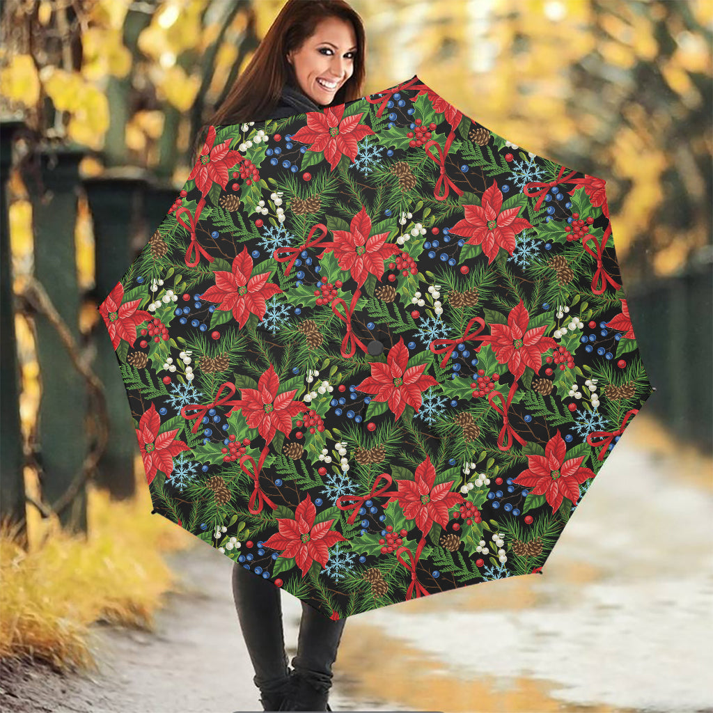 Xmas Poinsettia Pattern Print Foldable Umbrella
