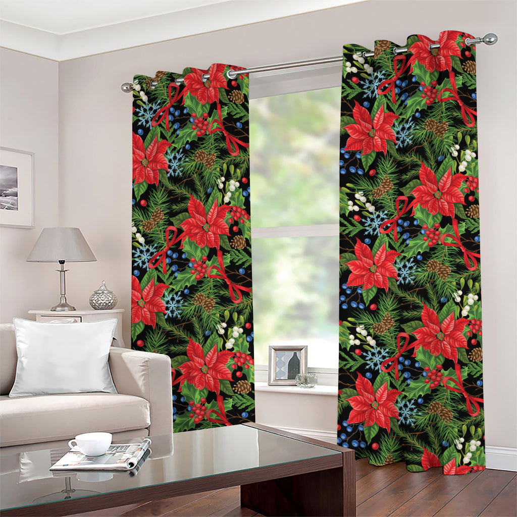Xmas Poinsettia Pattern Print Grommet Curtains