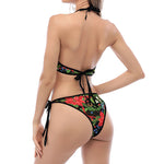 Xmas Poinsettia Pattern Print Halter Scoop Tie Side Bikini