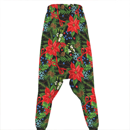 Xmas Poinsettia Pattern Print Hammer Pants