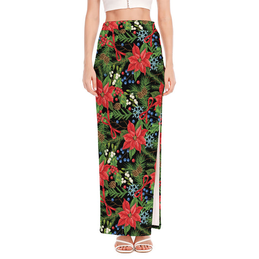 Xmas Poinsettia Pattern Print High Slit Maxi Skirt