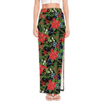 Xmas Poinsettia Pattern Print High Slit Maxi Skirt