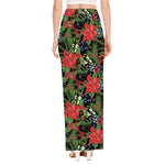 Xmas Poinsettia Pattern Print High Slit Maxi Skirt