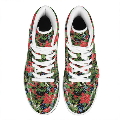 Xmas Poinsettia Pattern Print High Top Leather Sneakers