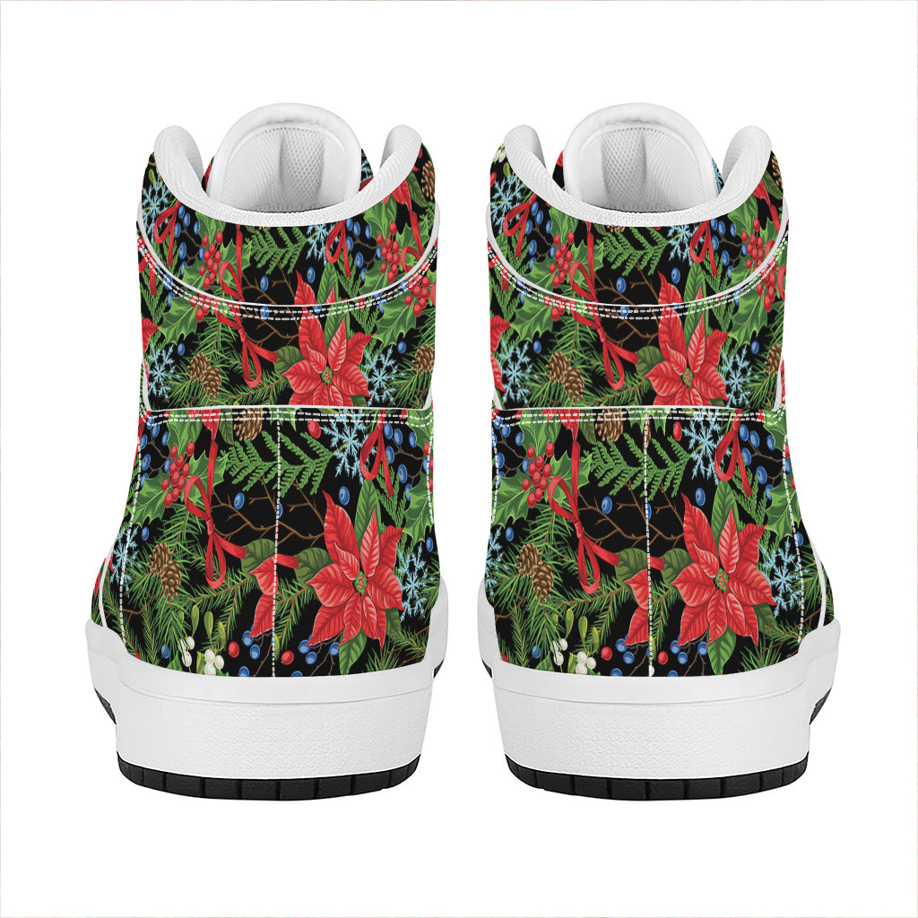 Xmas Poinsettia Pattern Print High Top Leather Sneakers